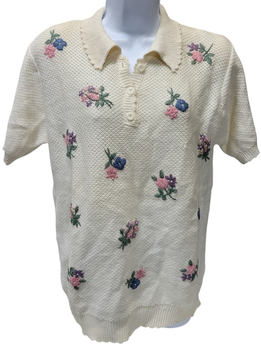 VTG Alfred Dunner Sweater Women M Cream Grandma Embroidered hong kong made Knit